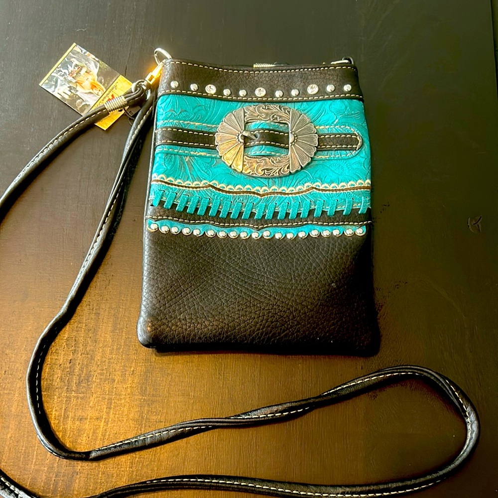 American Bling Black and Turquoise Embellished Crossbody Bag with Silver Concho